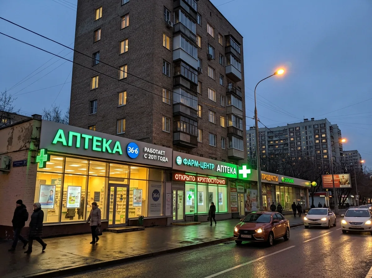 Две аптечные точки в жилом районе Москвы, вид снаружи, аптека с более чем 10-летней историей работы, вечернее освещение