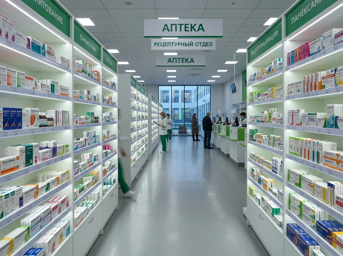 Крупная аптека площадью 260 квадратных метров в медсанчасти Подмосковья, длинный торговый зал, освещённые стеллажи с препаратами