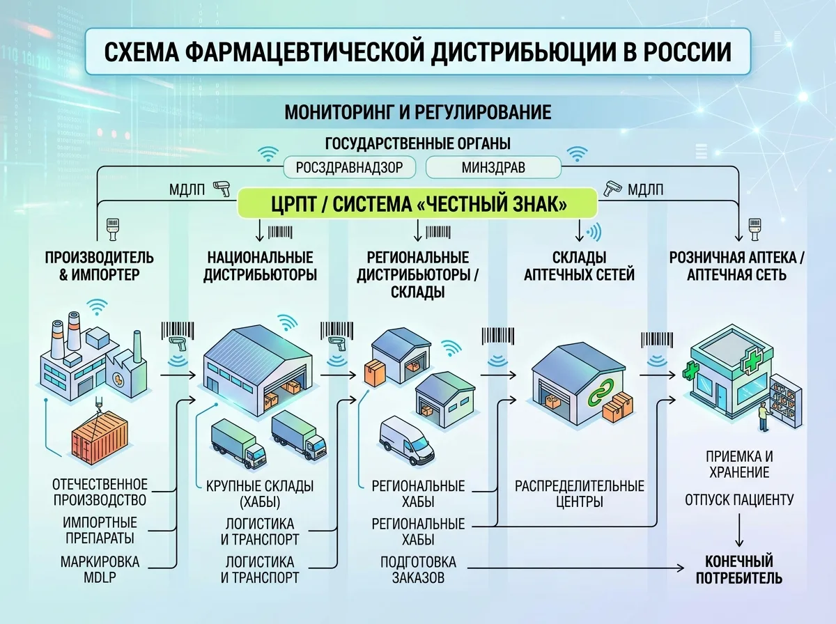 Схема цепочки фармацевтической дистрибуции от производителя до аптеки в России