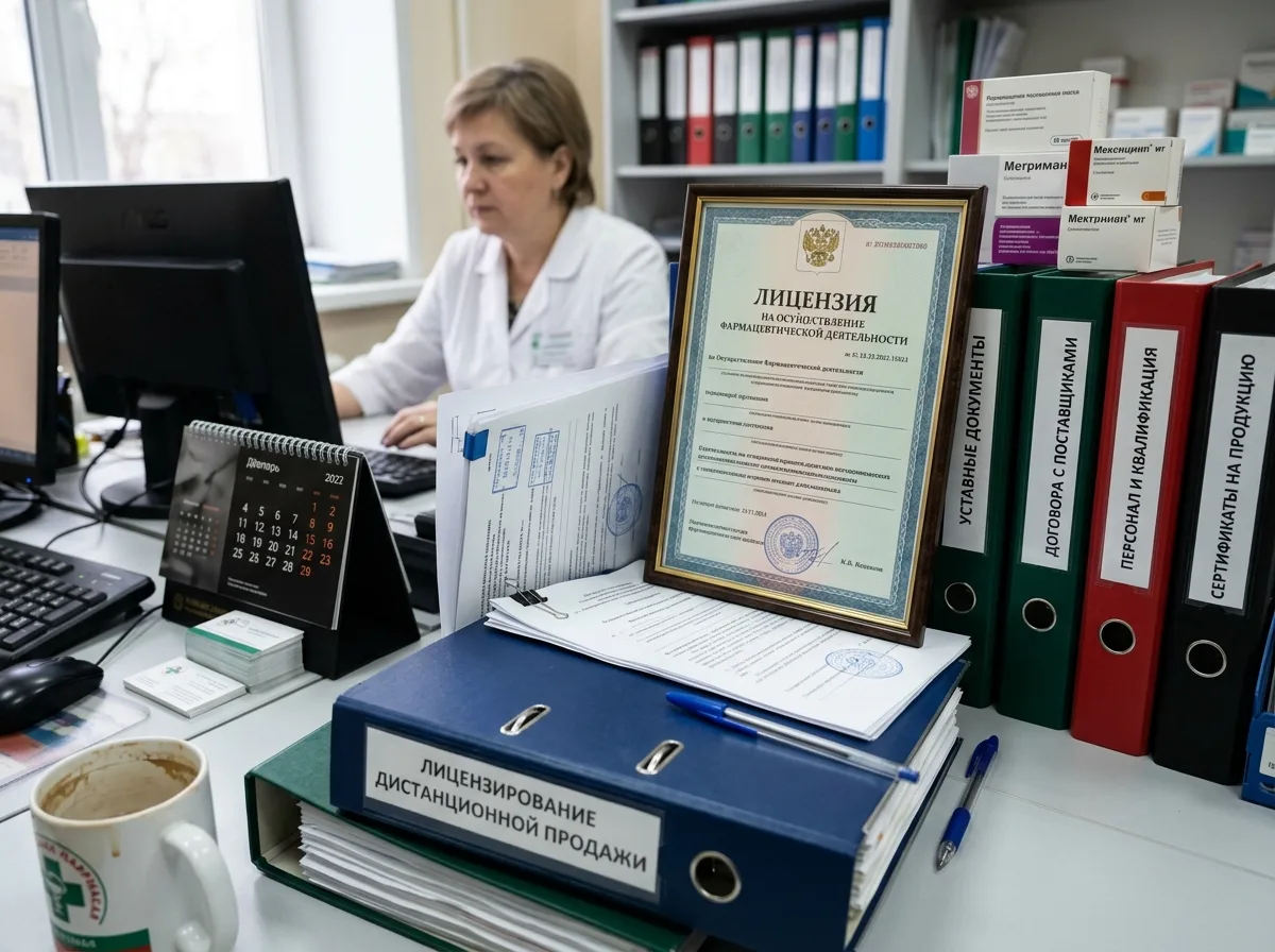 Документы и лицензия для открытия интернет-аптеки в России, папки с бумагами на рабочем столе фармацевта