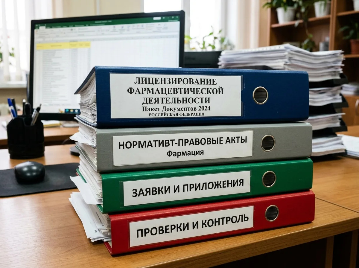 Документы и нормативные акты для лицензирования аптечной деятельности в России, стопка папок на рабочем столе