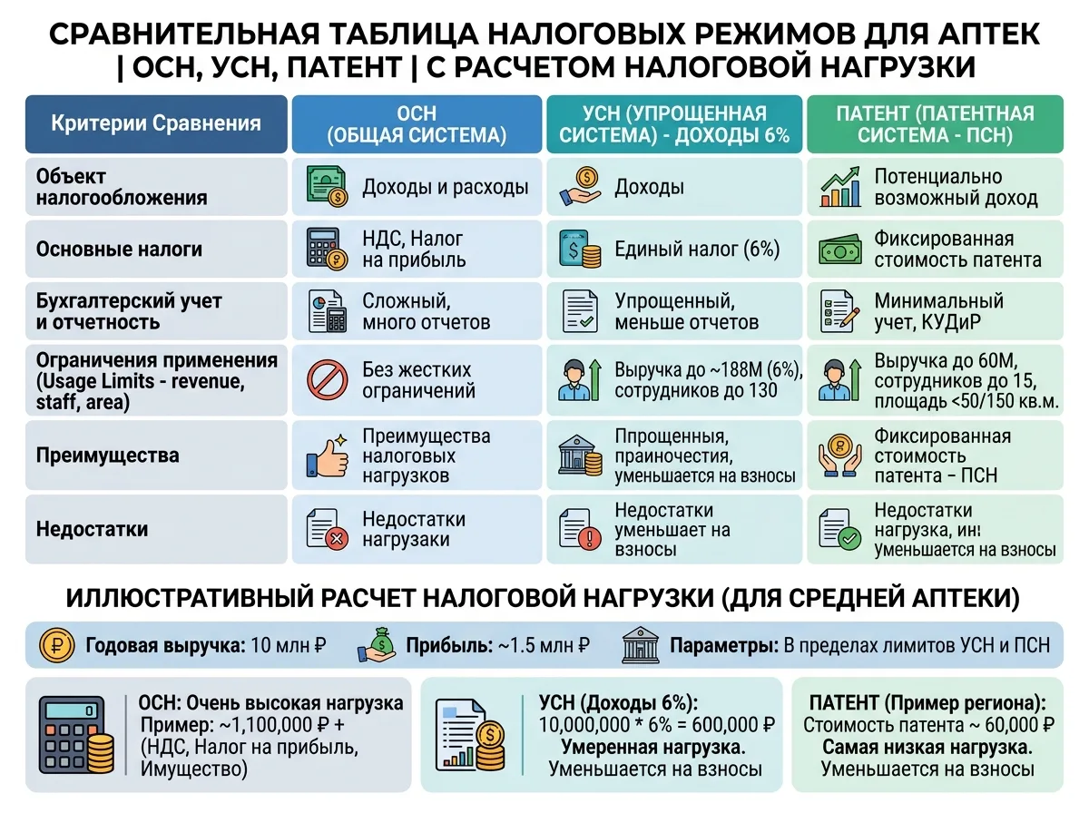 Сравнительная таблица налоговых режимов для аптеки: ОСН, УСН и патент с расчётом налоговой нагрузки