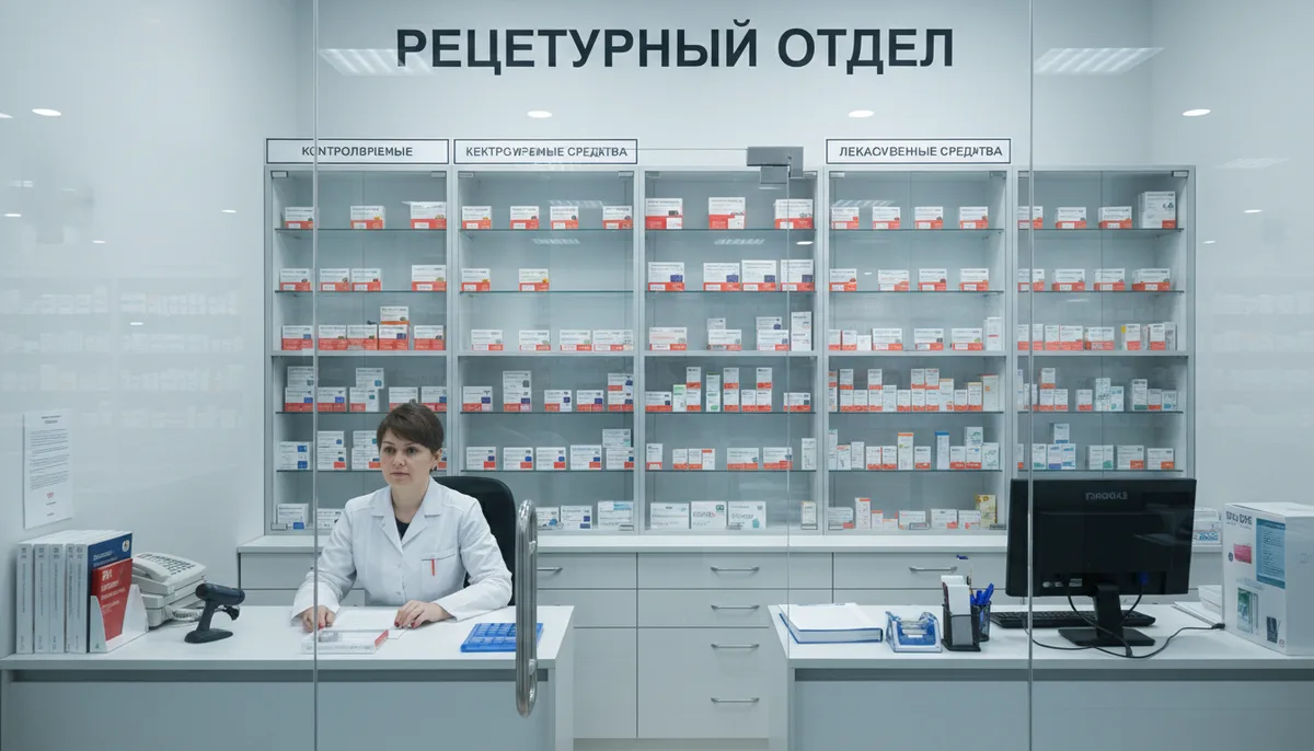 Аптечная витрина с рецептурным отделом, стеллажи контролируемых лекарственных средств, рабочее место провизора